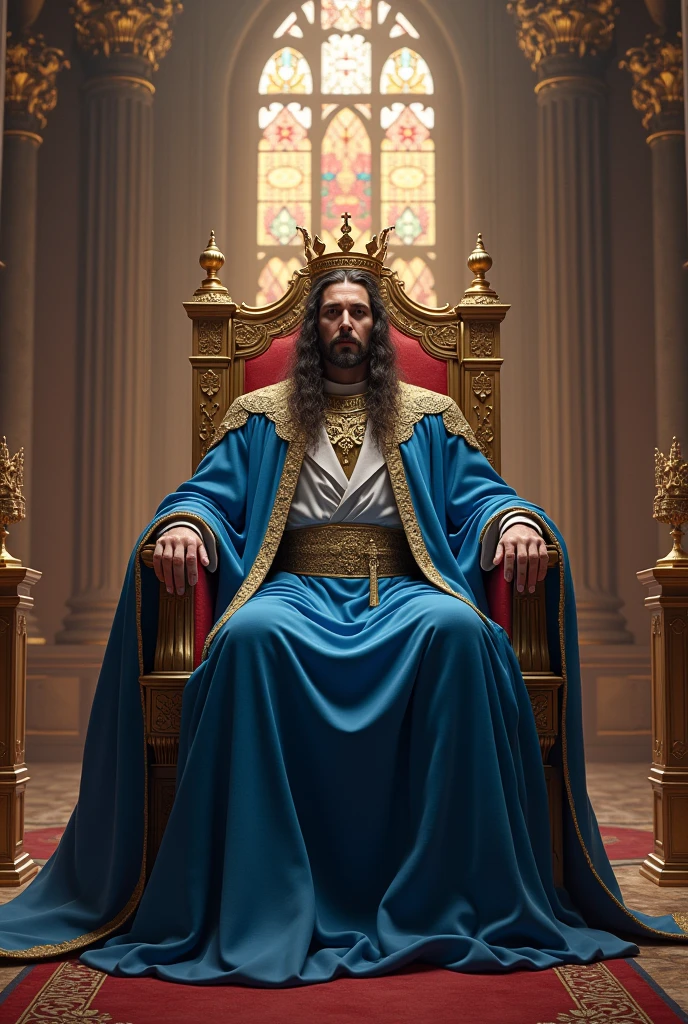 A King sitting on the throne at the altar of the hall in a beautiful castle wearing a blue outfit 
