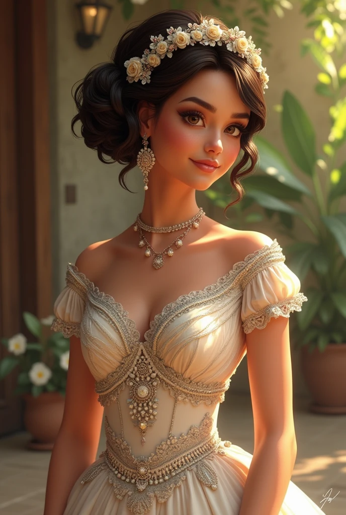 a Brazilian woman with an attractive body called Nágila with amber eyes, a big nose, a thin mouth, very short, very curly dark brown hair, wearing a traditional wedding dress