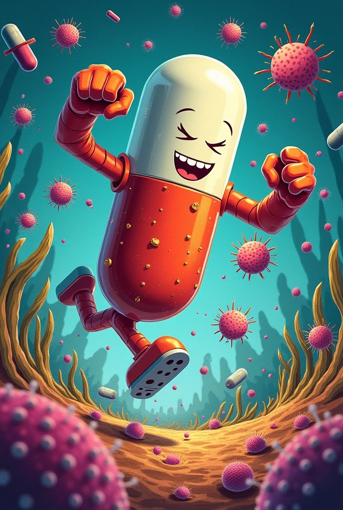 Create an image of an antibiotic pill killing bacteria that is a drawing with color