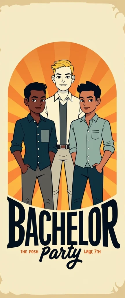 retro logo bachelor party, three guys with sun glasses. One guy with brown skin and squared shirt, one tall white blond skinny guy, and one guy with white skin and black hair. With a text "eliot, posh & yisus"
