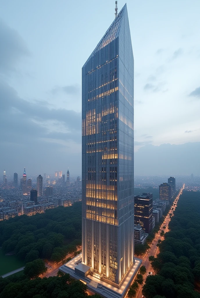 Make a 130 story skyscraper in NYC that is made out of stone and has huge windows that has long tiles that light up at night. Make it thinner and make the top into a pyramid like shape(only the top though). Make it more thinner and make sure the antenna at the top is a different shape and color. Make it in a corner and do NOT make it look like the Empire State Building. Give a unique shape that the top looks like a pyramid. Make it face Central Park