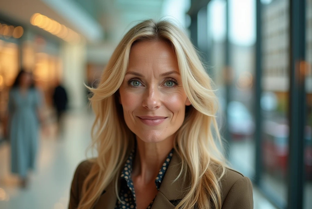 a woman in her 50s, long blonde hair, Blue-green eyes, shopping, face detailed, realisitic, photorealisitic, 8k, work of art, high qualiy, studio lighting, bright coloured, warm light, classy fashion, shopping mall interior, glass windows, Reflections, City skyline background