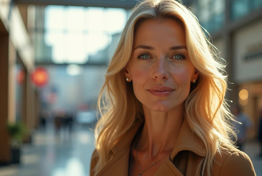 a woman in her 50s, long blonde hair, Blue-green eyes, shopping, face detailed, realisitic, photorealisitic, 8k, work of art, high qualiy, studio lighting, bright coloured, warm light, classy fashion, shopping mall interior, glass windows, Reflections, City skyline background