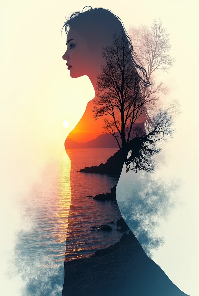 high qualiy, 8k Ultra HD, Uma linda Double exposure que combina uma silhueta de deusa com costa ao pôr do sol, the coast at sunset should serve as a backdrop, with its details incorporated into the goddess, Sharp lines, The background is monochromatic, sharp focus, Double exposure, By Yukisakura, stunning full colors.