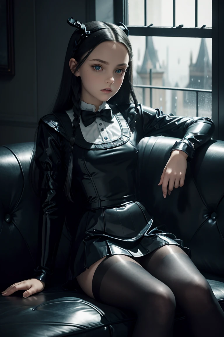 masterpiece. . detailed beautiful teen Wednesday Addams. .  detailed short tight latex costume, .   athletic. . night. leaning on sofa. . background window. raindrops on window.