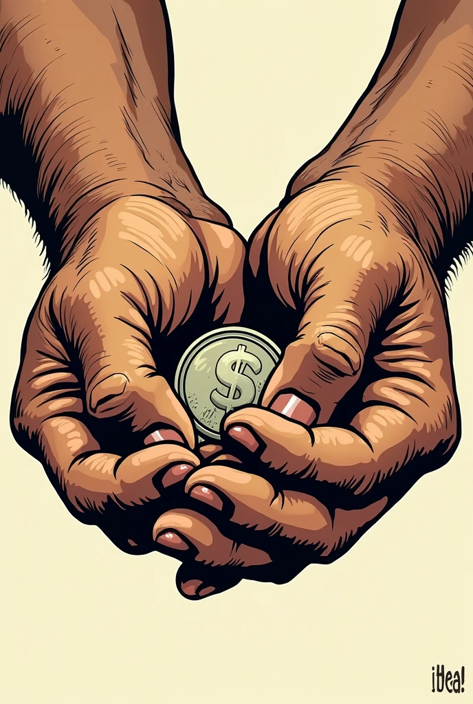 image showing strong, hard-working hands holding a coin or bill, symbolizing the effort behind each entry.(that the drawing style is comic-like)