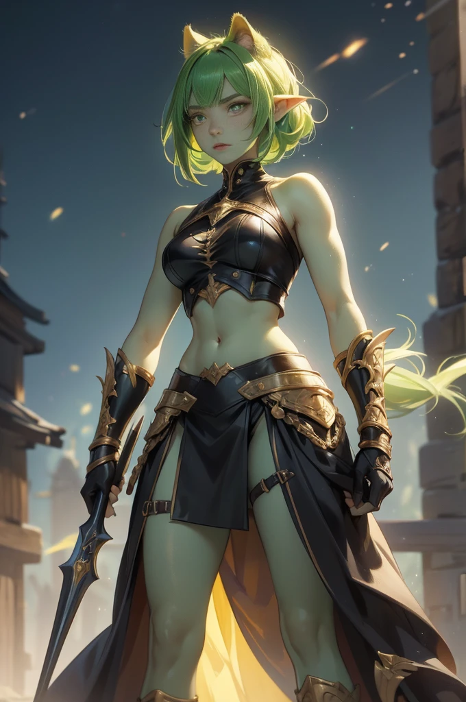 Nala is a young female lizardfolk, standing at 6'6" tall with a semi-athletic, muscular build. Her scales are a deep green, with lighter accents along her torso and tail. Her face is strong and feline-like, with pointed ears and yellow, slit-pupil eyes. She is wearing a set of simple, practical leather armor covering her lower half, leaving her muscular arms and midriff bare.Her overall appearance is fierce and imposing, yet there is a hint of vulnerability in her expression. She looks like a warrior, but there is also a hint of sorrow and pain in her eyes, as if she has endured hardships in her past.