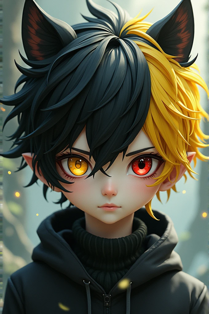 a 1 boy with black and yellow locks,with the sclera of the right eye yellow and the pupil red,with the left eye with a white sclera and a black pupil and shaped like a cat