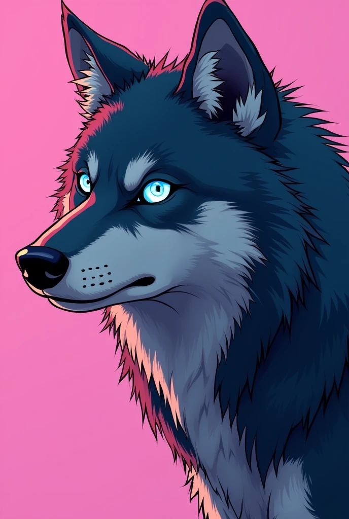 "I want a profile picture for my women's line. The image must have a wolf with an intimidating appearance, with bright blue eyes. The background must be pink, to create a strong contrast and highlight the anime style wolf