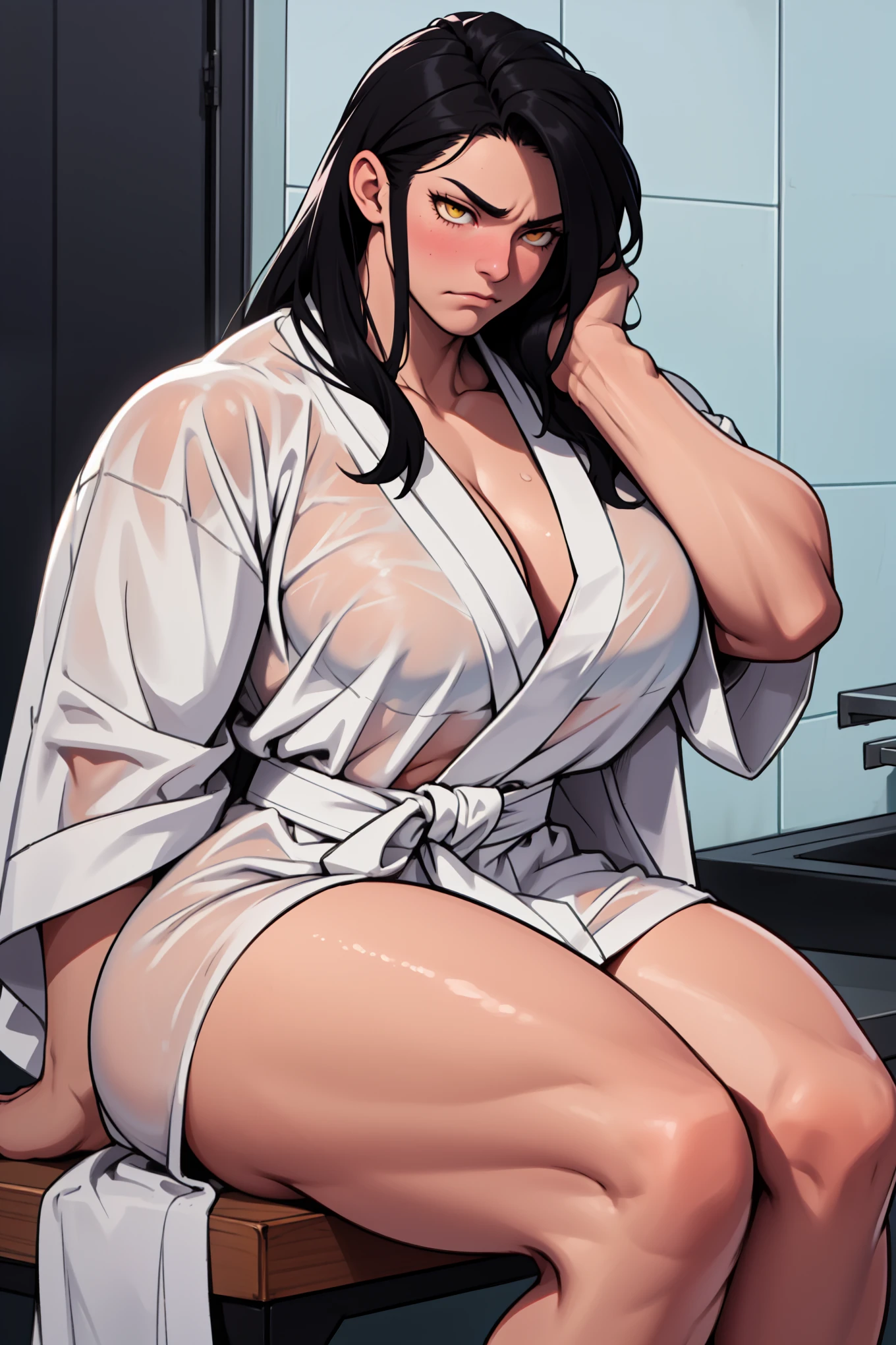 massive breasts huge breasts ((((muscular girl)))) ((((muscular girl)))) ((((muscular girl)))) toned body long hair black hair yellow eyes pale skin serious look empty eyes sad frown embarrassed embarrassed embarrassed embarrassed bathrobe bathrobe bathrobe feminine sitting see-through