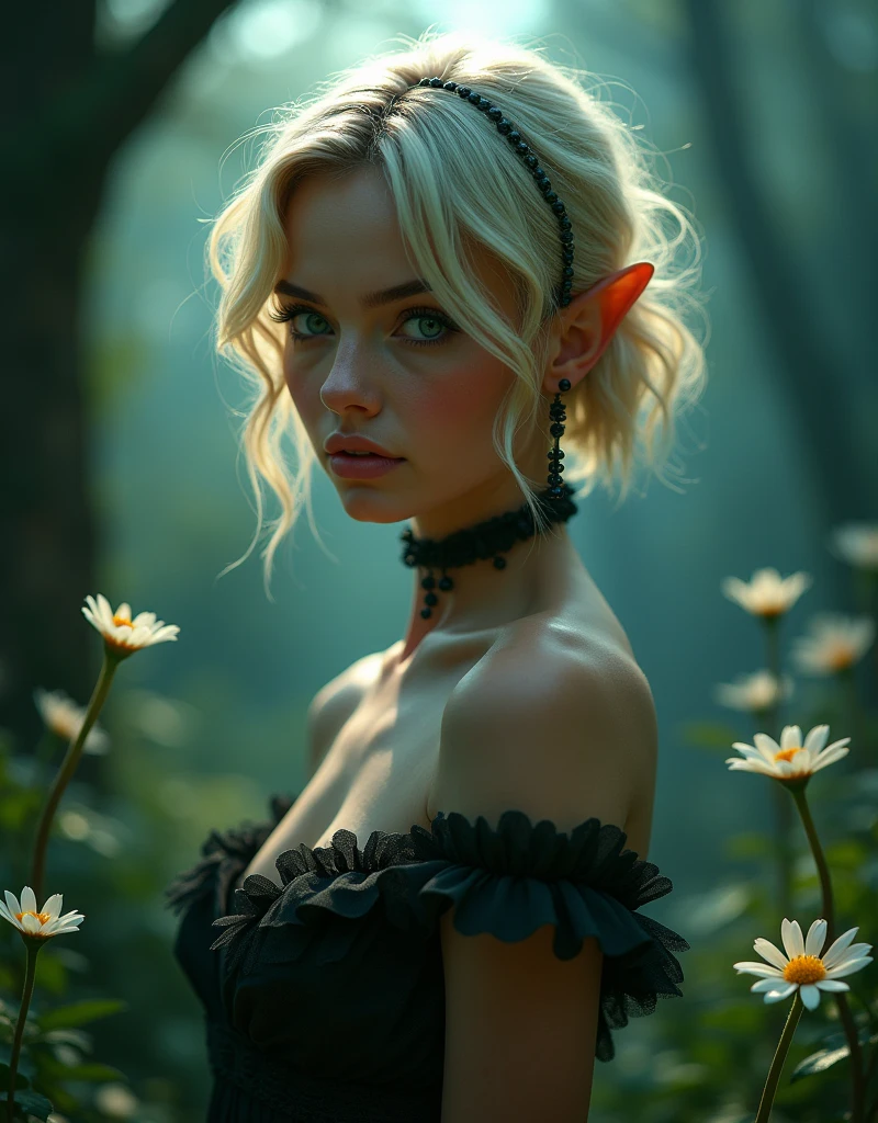(better quality, masterpiece, Colorful, Dynamic angle, mais detailed) upper body photo, full length photo, 8k unity beautiful wallpaper fashion photography, ultra detailed, beautiful and aesthetically pleasing, (fotorRealist: 1.4), (1 ), green eyes, blonde, hair ornament, short hair, blush, dynamic pose, Dynamic angle, pomade, Slim, corpo Slim, A very wild shot, on open air, fundo detailed, Realist, One, rosto detailed perfeito, mischievous face, olhos detaileds, altamente detailed, ( (fantasy forest)), ((small flowers around)), ((dark night)), ((darkness)), elf ears, Absolutely not, short hair, perfect bobtail, Absolutely not, Magic flowers, ((Little Moon) ), (complex parts, hiperdetailed:1.15), detailed, moonlight passes through hair, (Official art, extremamente detailed, mais detailed), Side,