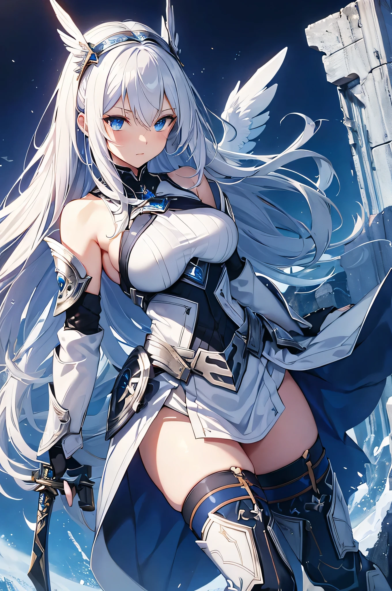 4K,High resolution,One Woman,White Hair,long hair,Blue Eyes,Valkyrie,Silver Sacred Armor,Heavy Armor,Sideboob,Blue long boots,Blue gloves,Winged headgear,Jewelry decoration,Holy Sword,Temple in the Sky