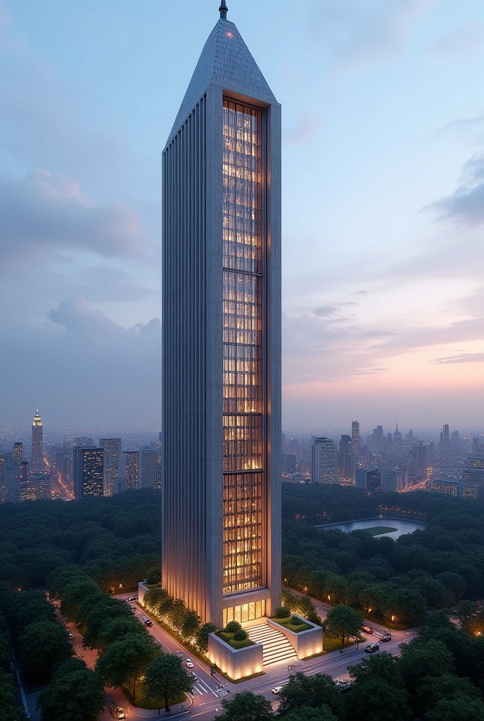 Make a 130 story skyscraper in NYC that is made out of stone and has huge windows that has long tiles that light up at night. Make it thinner and make the top into a pyramid like shape(only the top though). Make it more thinner and make sure the antenna at the top is a different shape and color. Make it in a corner and do NOT make it look like the Empire State Building. Give a unique shape that the top looks like a pyramid. Make it face Central Park