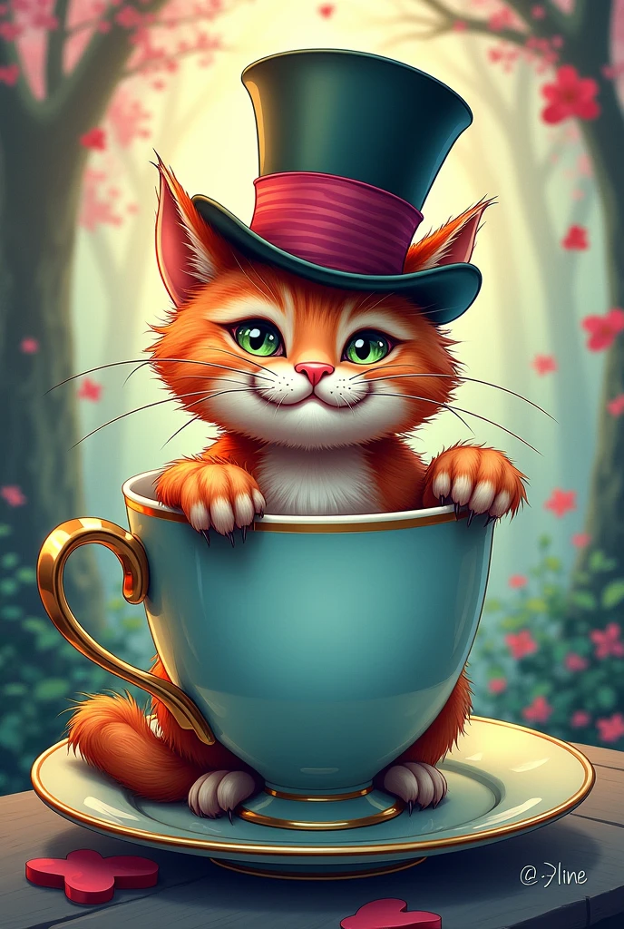 Dessin du chat du cheshire de alice au pays des merveilles avec le chapeau du chapelier fou sur la tête, sortant d'une tasse de thé
