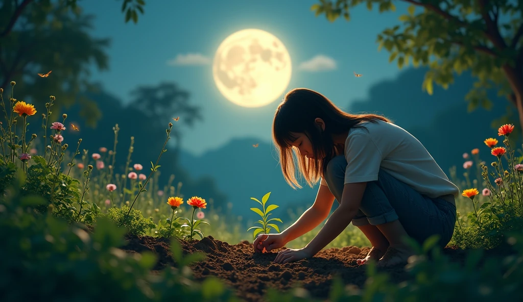 A person taking action by planting seeds in a garden under the moonlight, symbolizing the manifestation of goals and personal growth. The scene is peaceful and reflective, with soft moonlight illuminating the garden. --ar 16:9