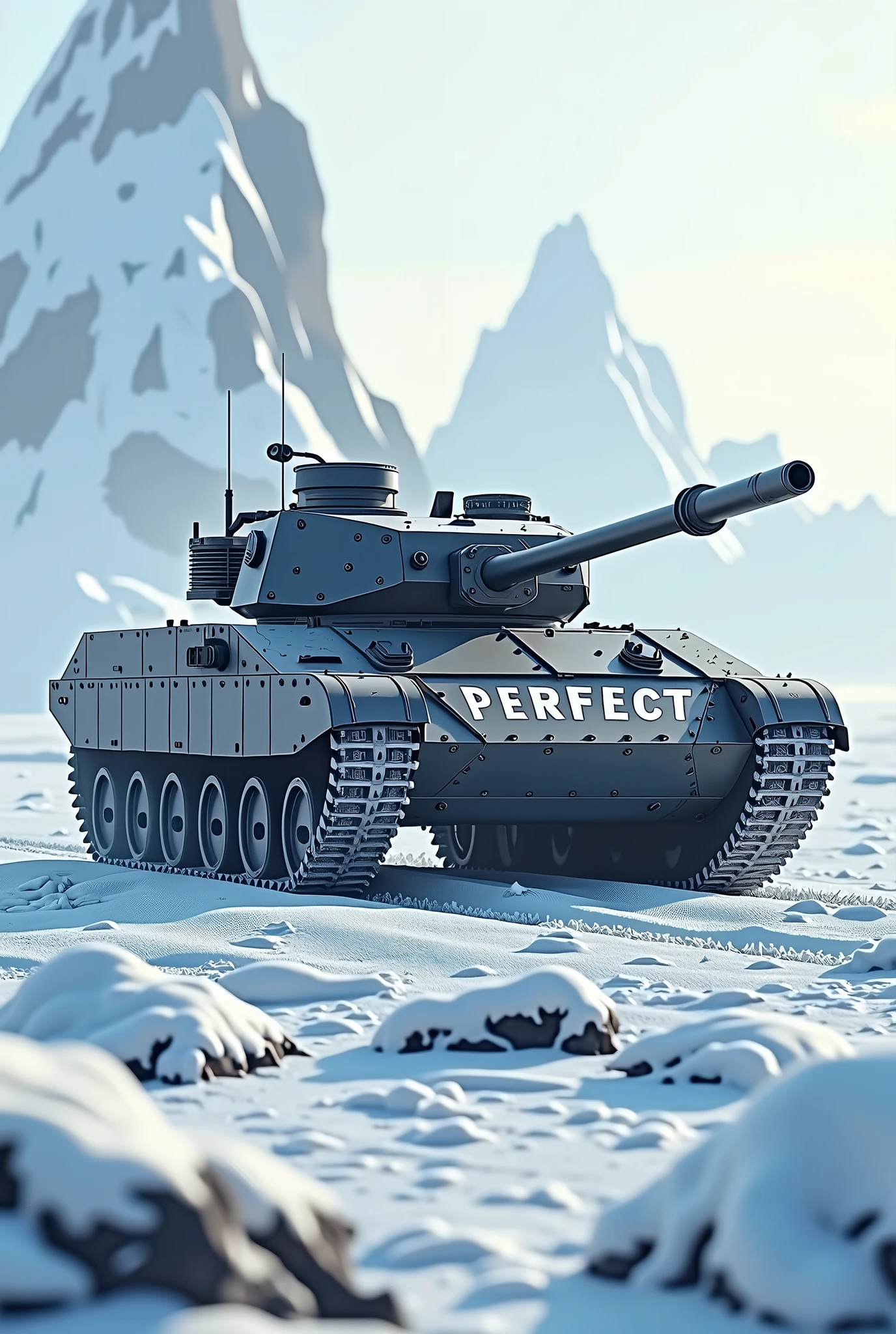 A tank with PERFECT written on the front, advancing on the ice