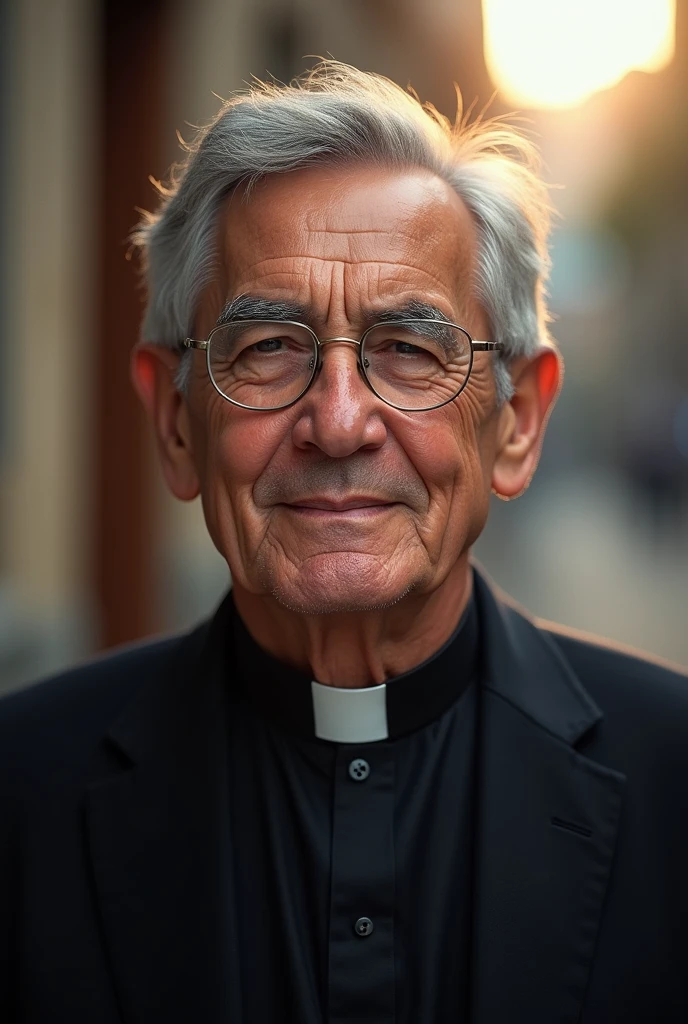 Create a portrait of Father Rafael Garcia Herreros: An old man, around 70 to 80 years old, with a kind and serene expression. He has gray hair, slightly sparse, and wears glasses with simple frames. His face reflects wisdom and compassion, with soft wrinkles that mark the passage of time and their dedication to the service of others. He wears a black cassock, traditional of the priests, that contrasts with her light skin. In the background, You can see a blurry image of a poor neighborhood, symbolizing their commitment to the community. The lighting of the portrait is warm, creating a sense of tranquility and hope.
