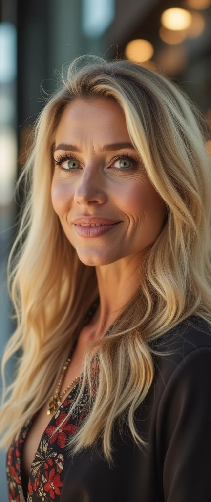 a woman in her 50s, long blonde hair, Blue-green eyes, shopping, face detailed, realisitic, photorealisitic, 8k, work of art, high qualiy, studio lighting, bright coloured, warm light, classy fashion, shopping mall interior, glass windows, Reflections, City skyline background