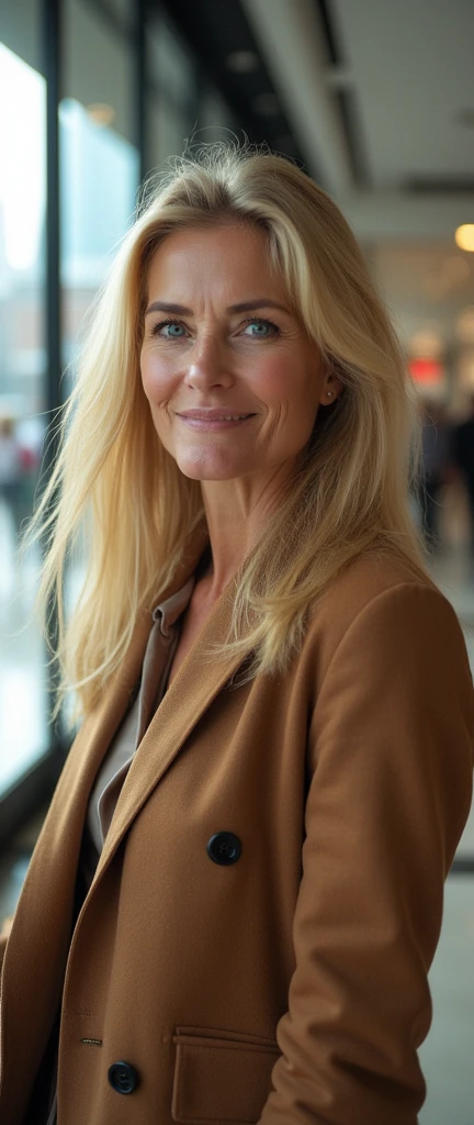 a woman in her 50s, long blonde hair, Blue-green eyes, shopping, face detailed, realisitic, photorealisitic, 8k, work of art, high qualiy, studio lighting, bright coloured, warm light, classy fashion, shopping mall interior, glass windows, Reflections, City skyline background