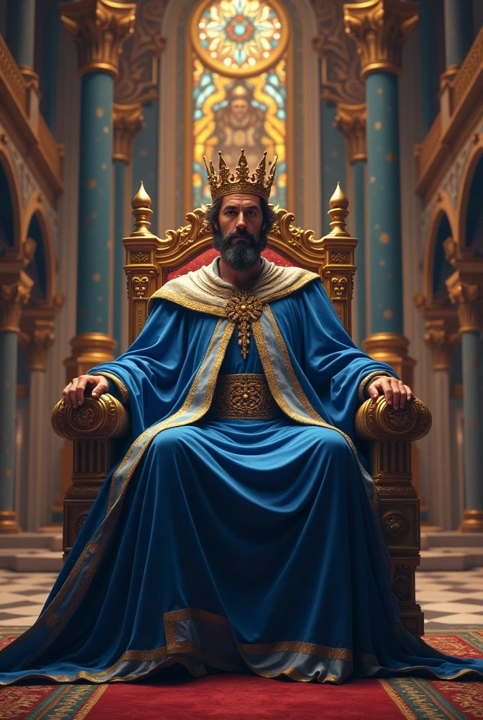 A King sitting on the throne at the altar of the hall in a beautiful castle wearing a blue outfit 
