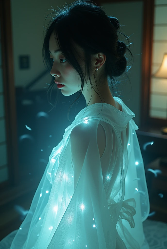 (((ghost)))、young woman、(Beauty)、Japanese、cute、1、((sexy))、(My body is transparent)、Background: Dim and old Japanese room、Open kimono、Unbuttoned Japanese clothing、Spirits flying all around、(best quality,4K,8k,highres,masterpiece:1.2),ultra-detailed,(realistic,photorealistic,photo-realistic:1.37),HDR,uhd,studio lighting,ultra-fine painting,sharp focus,physically-based rendering,extreme detail description,professional,vivid colors,bokeh,cinematic lighting,dramatic shadow,