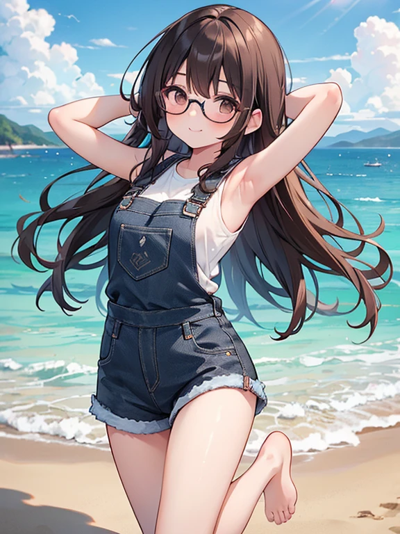 1 female、Brown hair、Brown eyes、Black frame glasses、seductive 、beautiful faces、perfect body。whole body, Best Quality、ultra detailed、8k resolution、photo and rude。Running on the beach。sleeveless shirt, barefoot, evening gown、denim shorts overalls。, a smile。saying uwu.