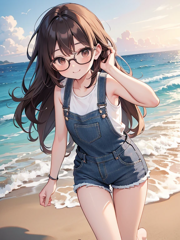 1 female、Brown hair、Brown eyes、Black frame glasses、seductive 、beautiful faces、perfect body。whole body, Best Quality、ultra detailed、8k resolution、photo and rude。Running on the beach。sleeveless shirt, barefoot, evening gown、denim shorts overalls。, a smile。saying uwu.