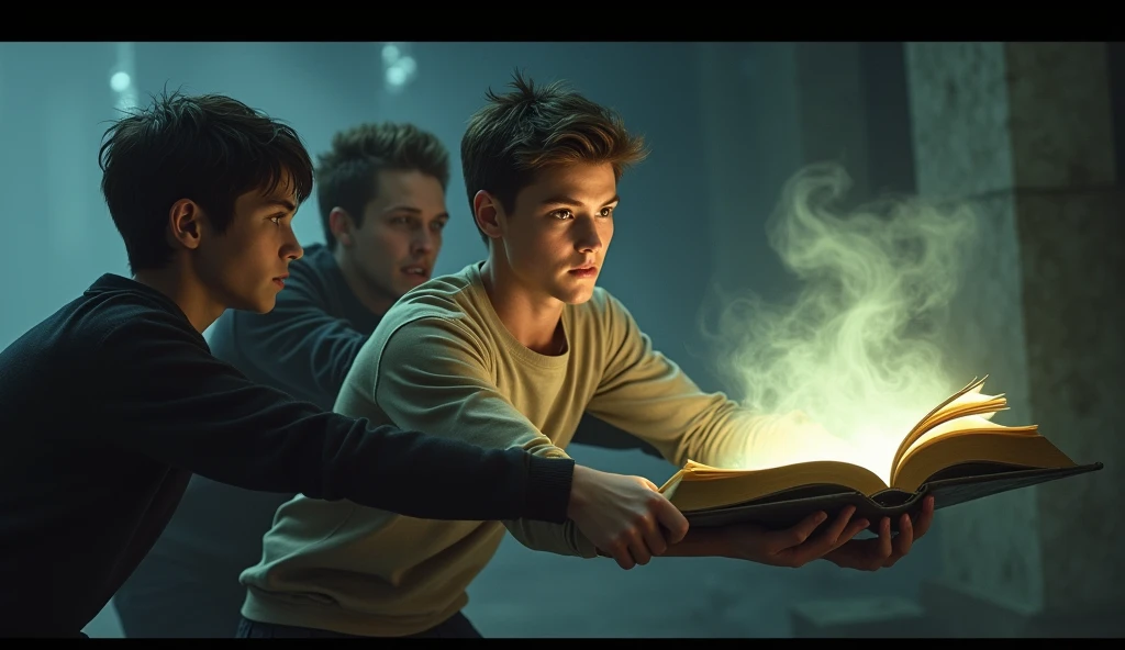 realistic 1 male young adult with hair down pull another male young adult and 1 female young adult to backward from a book that glow so bright