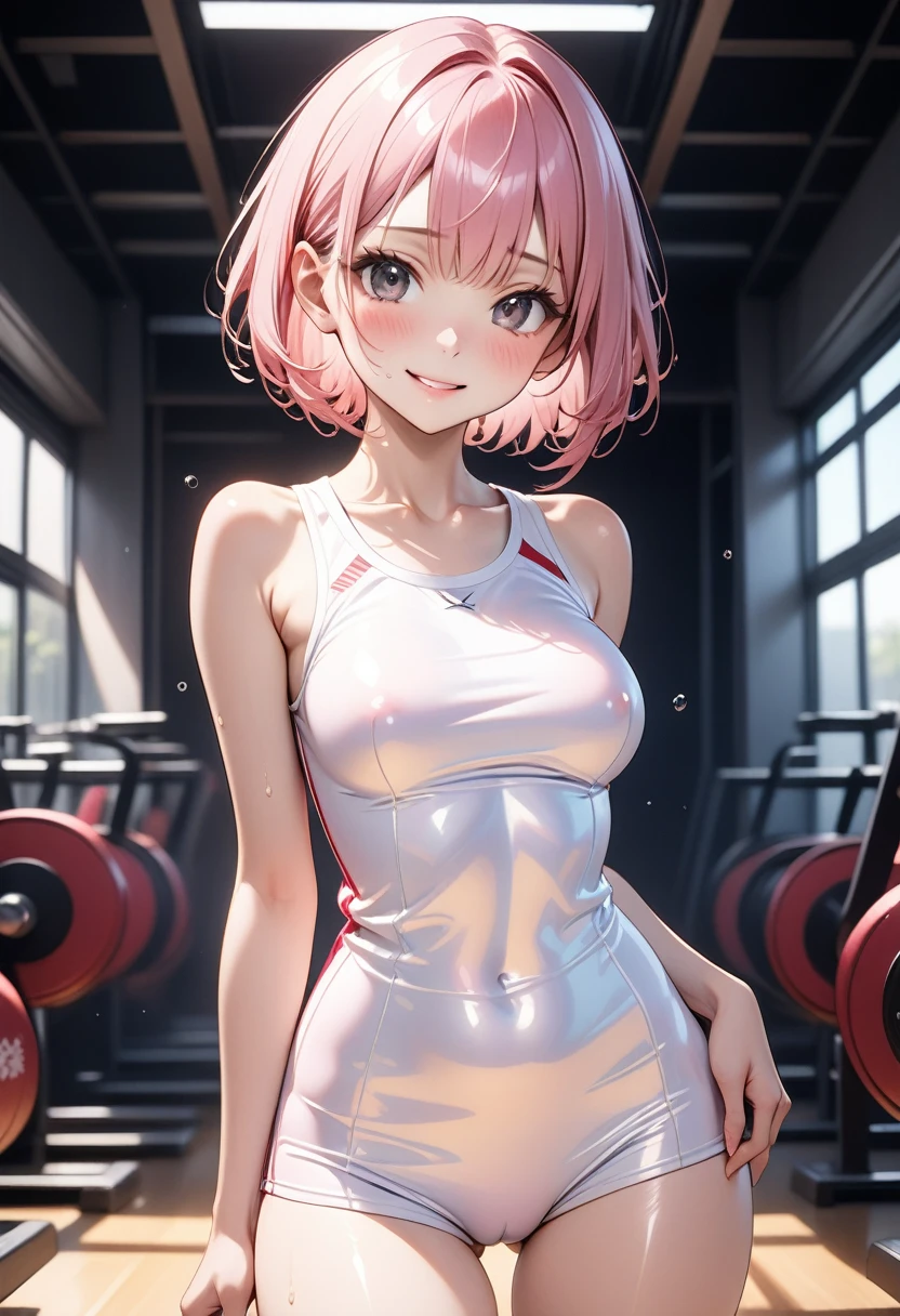 ((School gym clothes)), ((Shiny Costumes)), (skindentation), skinny, alone, solo, Masterpiece, highest quality, highest quality, 16K, incredibly absurd, highly detailed, 2.5D, ai-generated, delicate and dynamic, very delicate facial expressions, delicate eye depiction, erotic, only sexy woman, ((A cute and kind face)), healthy figure, ((1 woman)), 160cm tall, ((medium firm swaying bust)), medium breasts, (short hair), Straight Hair, (pink hair:1.5), bob cut, black eye, blush, Sweat,Embarrassed,sexy, ((thin thighs)), shiny and lustrous, facing straight at viewer,  smile, ((standing)), ((arm at side)),, (camel toe:0.4), (visible nipples:0.8), (Erect nipples,:0.9),