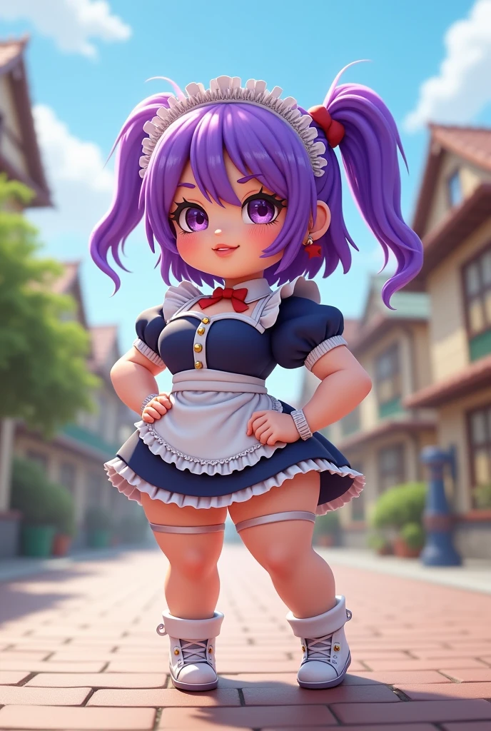 Create an image of a purple haired maid chibi muscle girl, sunny day, thicc, muscle legs,