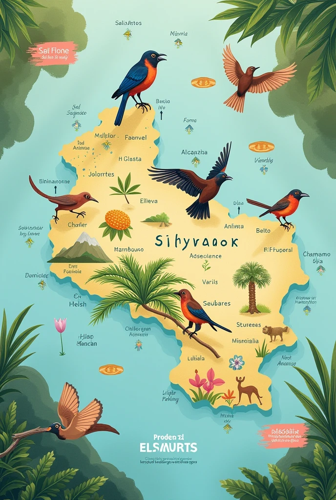 Create an image where the country of El Salvador is and with arrows point out its protected areas and next to the name add images of the fauna and flora of the place.