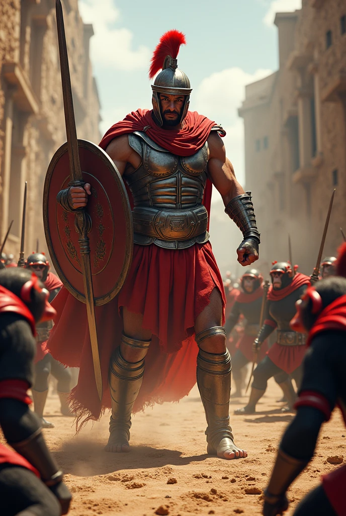 Gladiator dressed in red and white defeating many monkeys dressed in red and black 