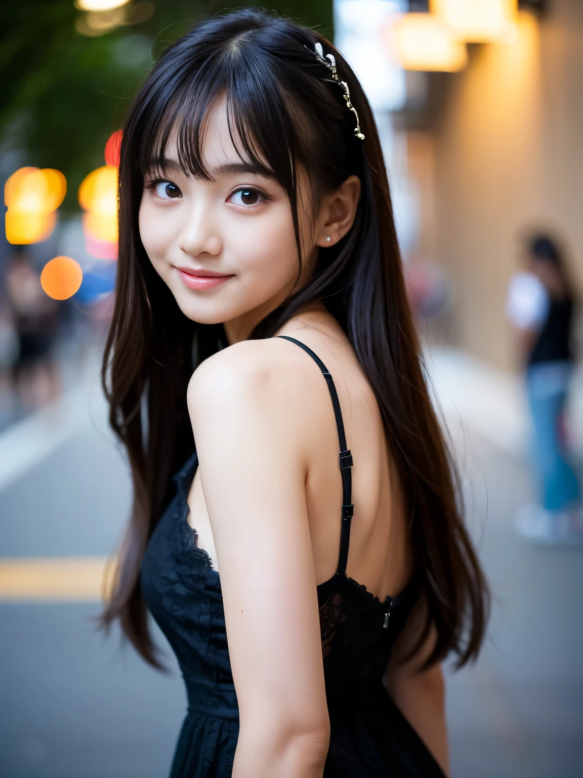 (Best-quality, Masterpiece, Ultra-High-Resolution, (Photorealistic:1.4), Raw Photo, depth of field, professional lighting, perfect anatomy, extremely details), 1girl, -yeld, thost famous Japanese-idol, having fun at party, wearing cute-lacy casual-dress with cute-design, looking at viewer, innocent-smile, (((extremely beautiful and extremely realistic skins))), (((extremely big black-eyes))), black-long-hair, long-eyelashes, most-lips, childish body