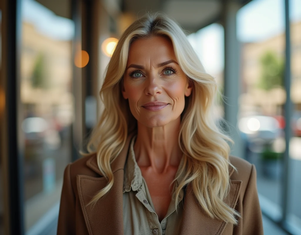a woman in her 50s, long blonde hair, Blue-green eyes, shopping, face detailed, realisitic, photorealisitic, 8k, work of art, high qualiy, studio lighting, bright coloured, warm light, classy fashion, shopping mall interior, glass windows, Reflections, City skyline background