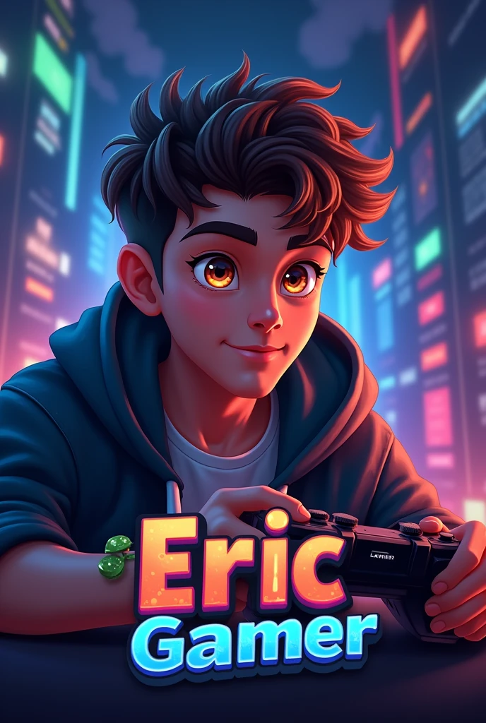 Logo with the name Eric gamer, themed around playing a video game, short brown curly hair, eyes browns 