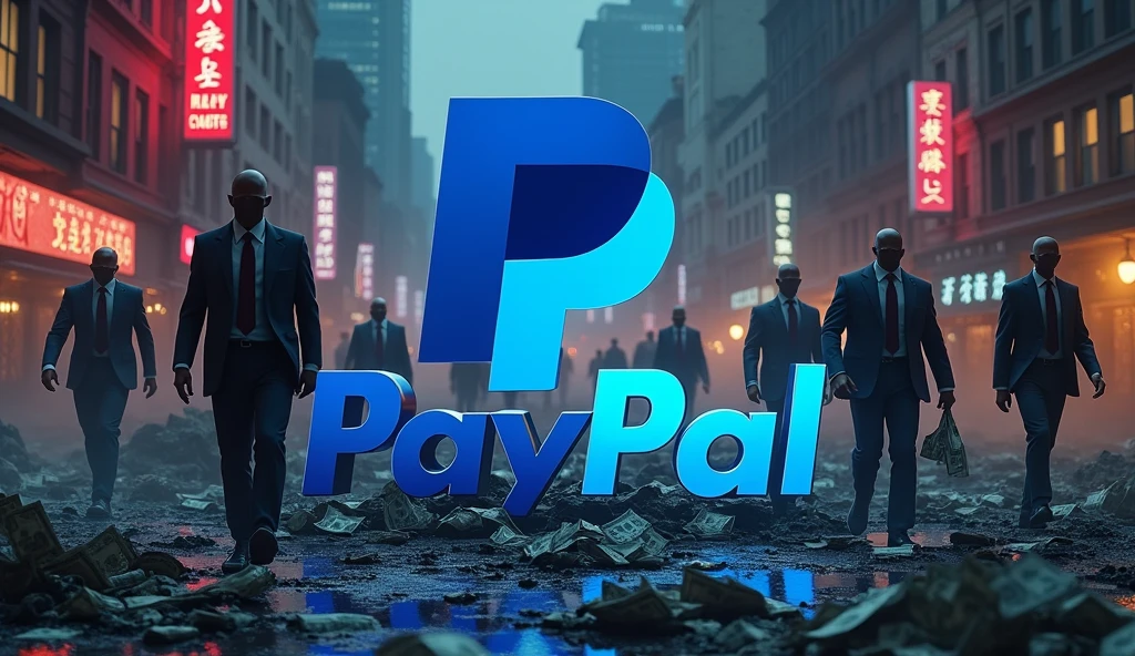 PayPal 3D logo, in a devastated city, at night, with mafia businessmen, money flying, corruption