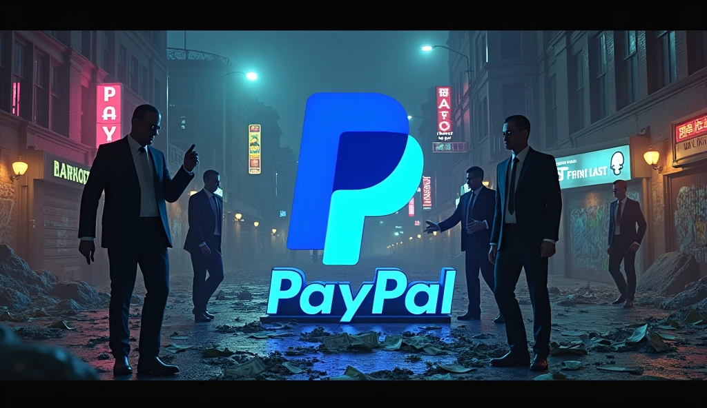 PayPal 3D logo, in a devastated city, at night, with mafia businessmen, money flying, corruption
