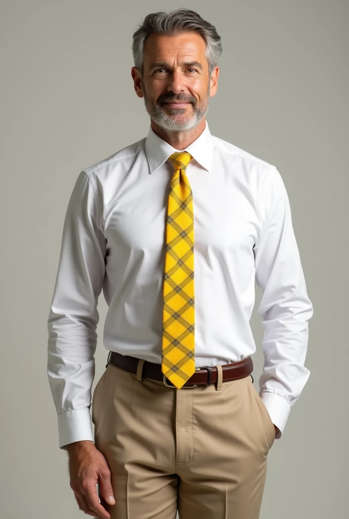 Man dressed in white dress shirt, with yellow plaid tie,Sasha beige pants