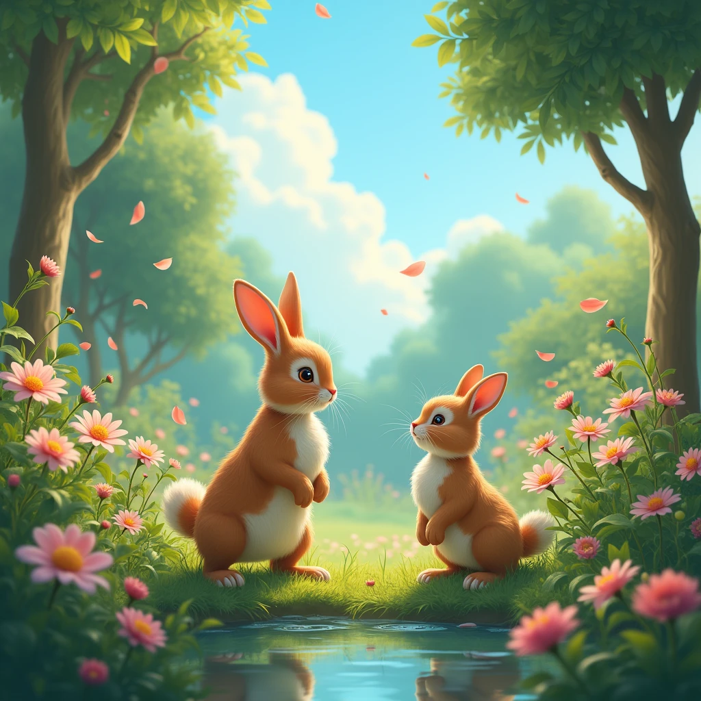 In a beautiful garden there lived a rabbit and a cat.
