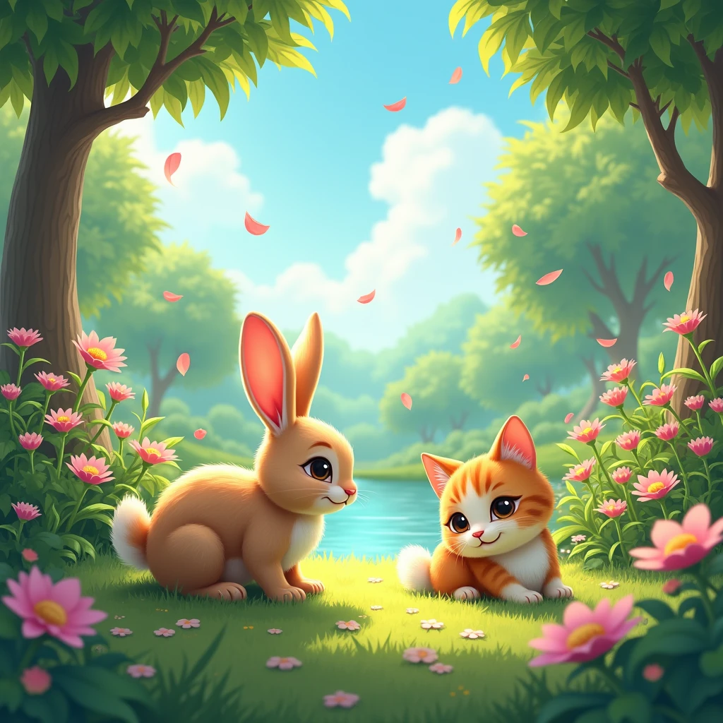 In a beautiful garden there lived a rabbit and a cat. 