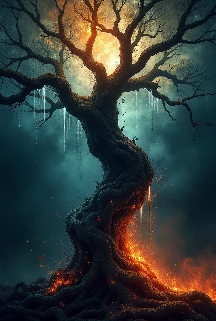 A movie poster, with a tree on the black background, flames, water drops and winds around