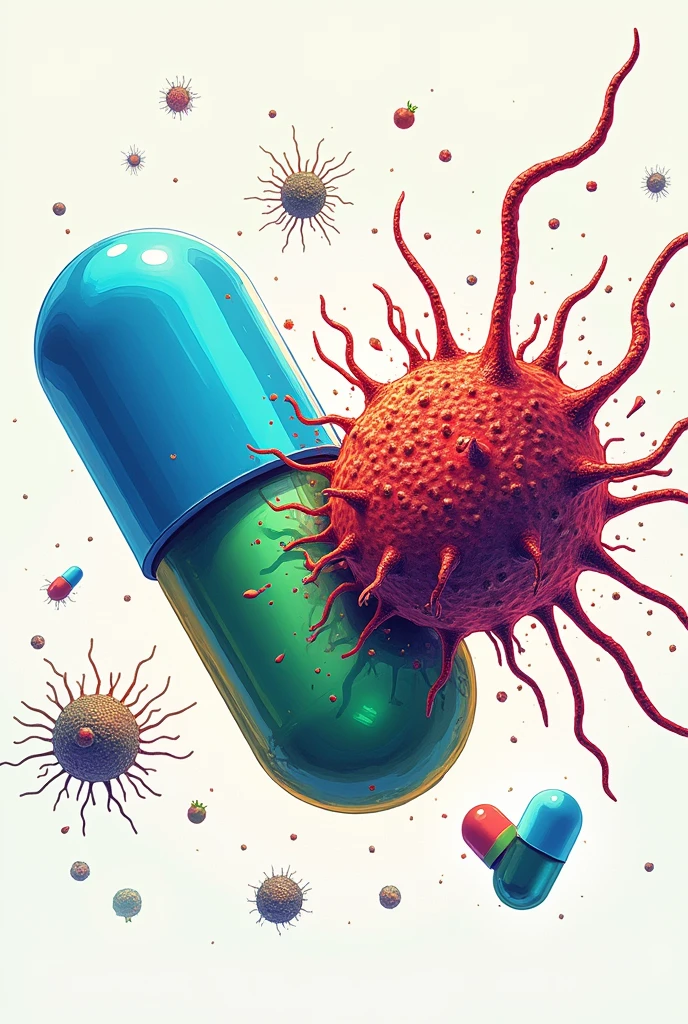 Create an image of an antibiotic pill killing a bacteria that is a drawing with color 