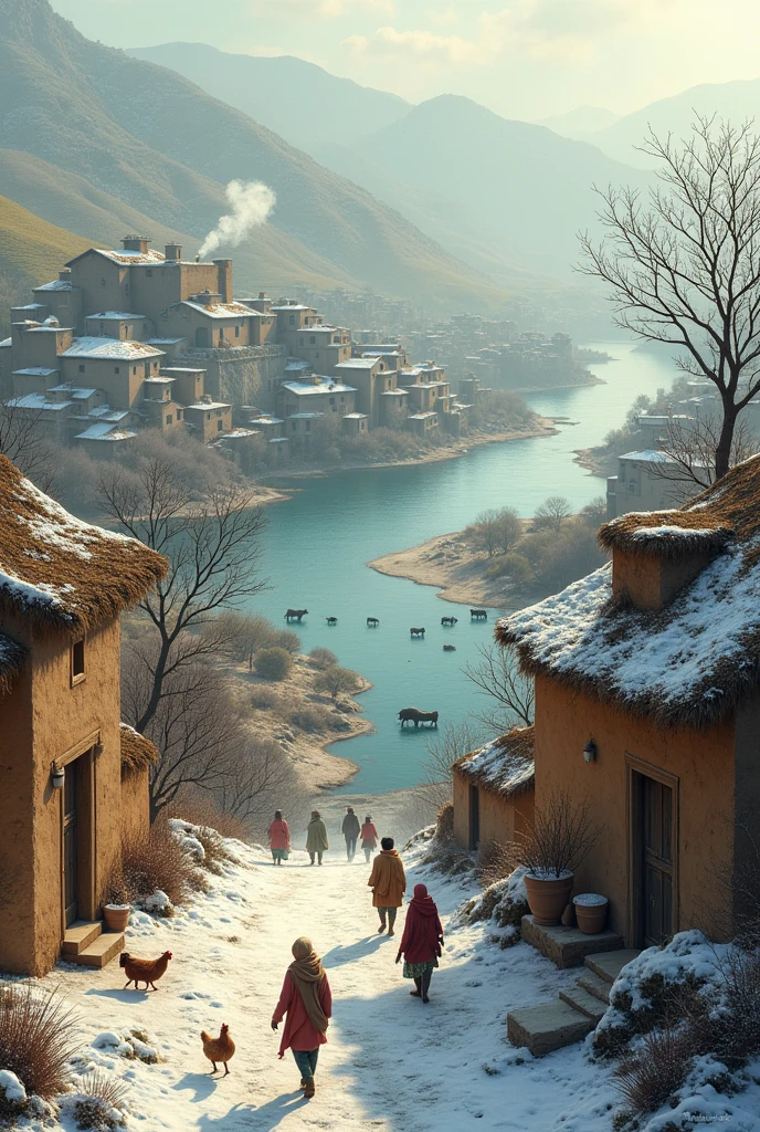 indian village in winter morning