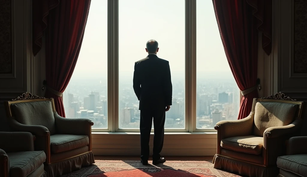 A somber old photograph of the Shah of Iran in his final moments before leaving the country. The Shah, dressed in an immaculate suit, stands alone by a large window in the palace, looking out over the city. His face reflects sorrow and contemplation. The luxurious room contrasts with the cold, empty atmosphere, and the photograph’s grainy quality adds to the sense of isolation and the historic nature of the moment.