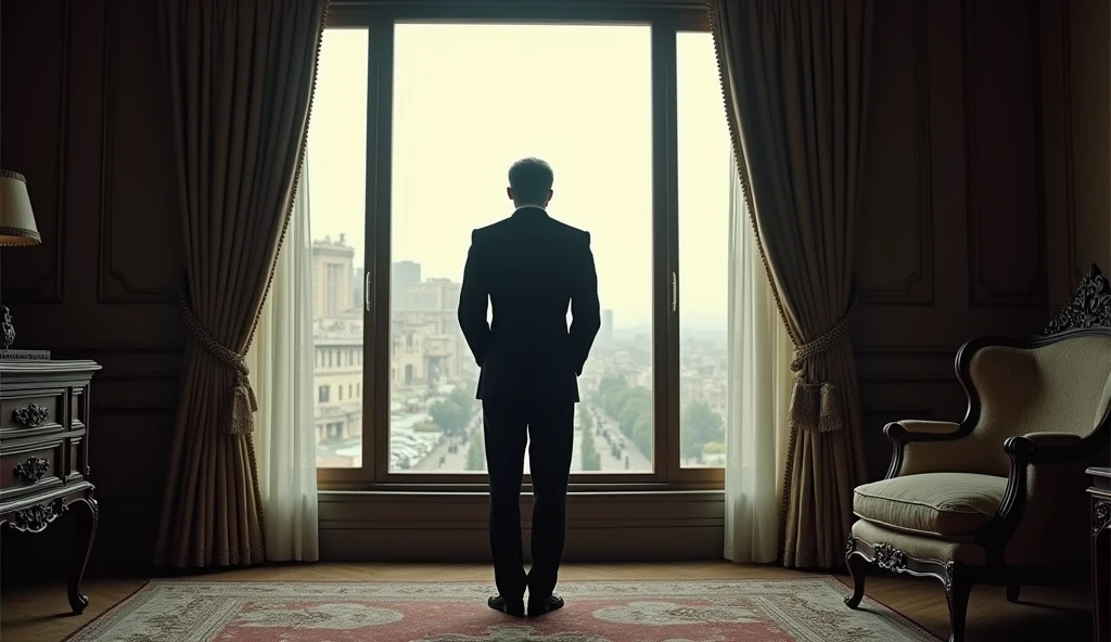 A somber old photograph of the Shah of Iran in his final moments before leaving the country. The Shah, dressed in an immaculate suit, stands alone by a large window in the palace, looking out over the city. His face reflects sorrow and contemplation. The luxurious room contrasts with the cold, empty atmosphere, and the photograph’s grainy quality adds to the sense of isolation and the historic nature of the moment.