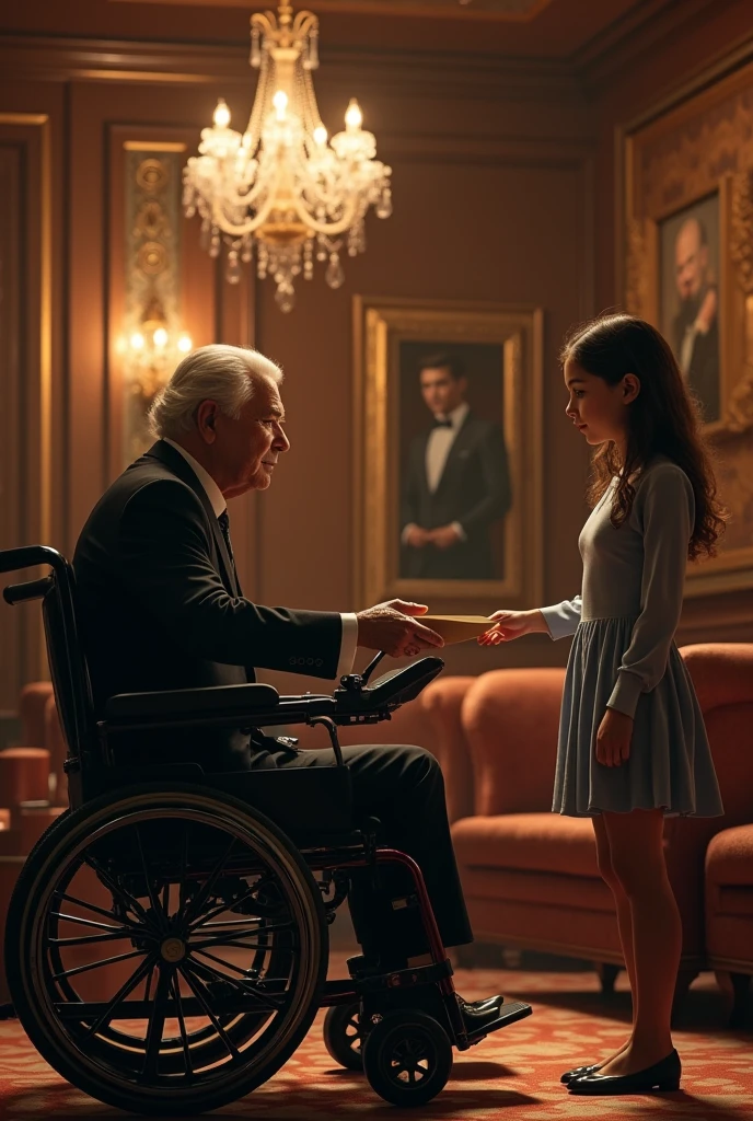 8 tycoon on wheel chair in club giving an envelope to a young girl in club