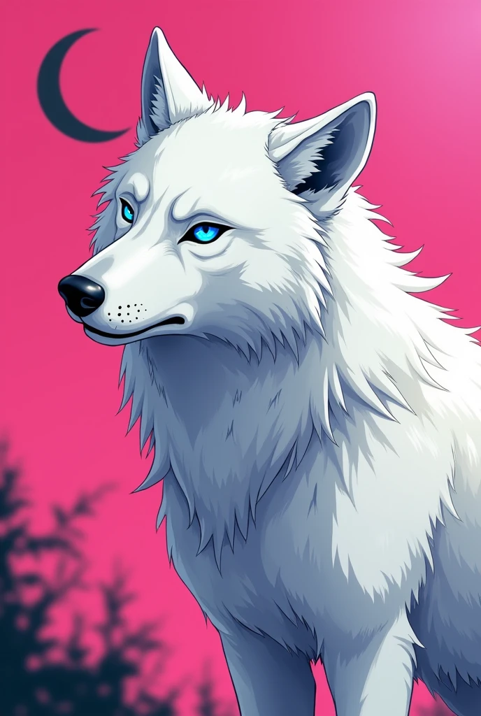 "I want a profile picture for my women's line. The image must have a wolf with an intimidating appearance, with bright blue eyes. The background must be pink, to create a strong contrast and highlight the anime style wolf white wolf closer up with a black moon behind