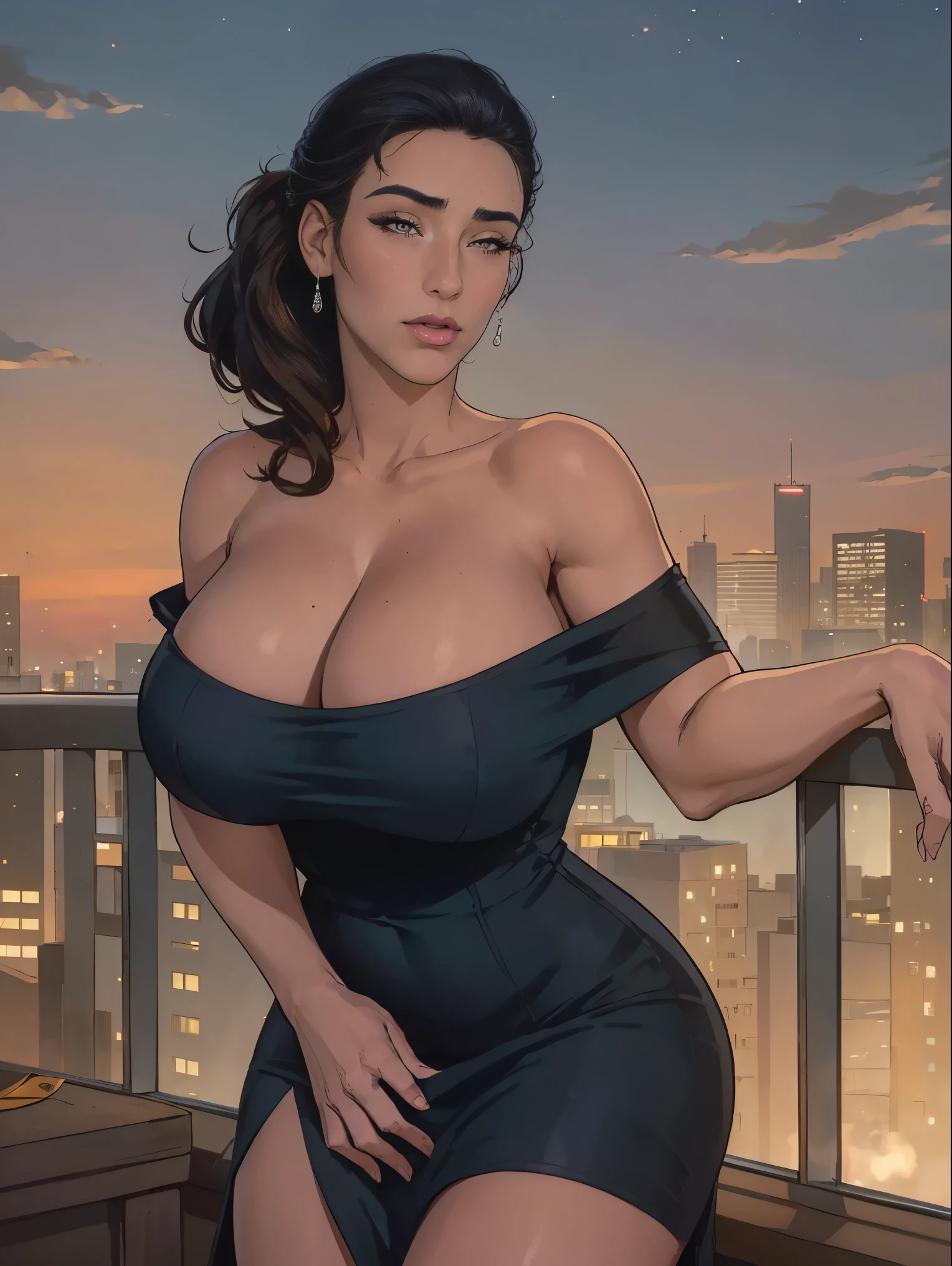 Gorgeous and sultry busty athletic (thin) brunette model with sharp facial features wearing a dark blue off-shoulder sleeveless dress, updo, tight dress, long dress, elegant, sweetheart neckline, strapless, short sleeves, tight dress. On a balcony, city skyline, sunset, evening, nighttime.