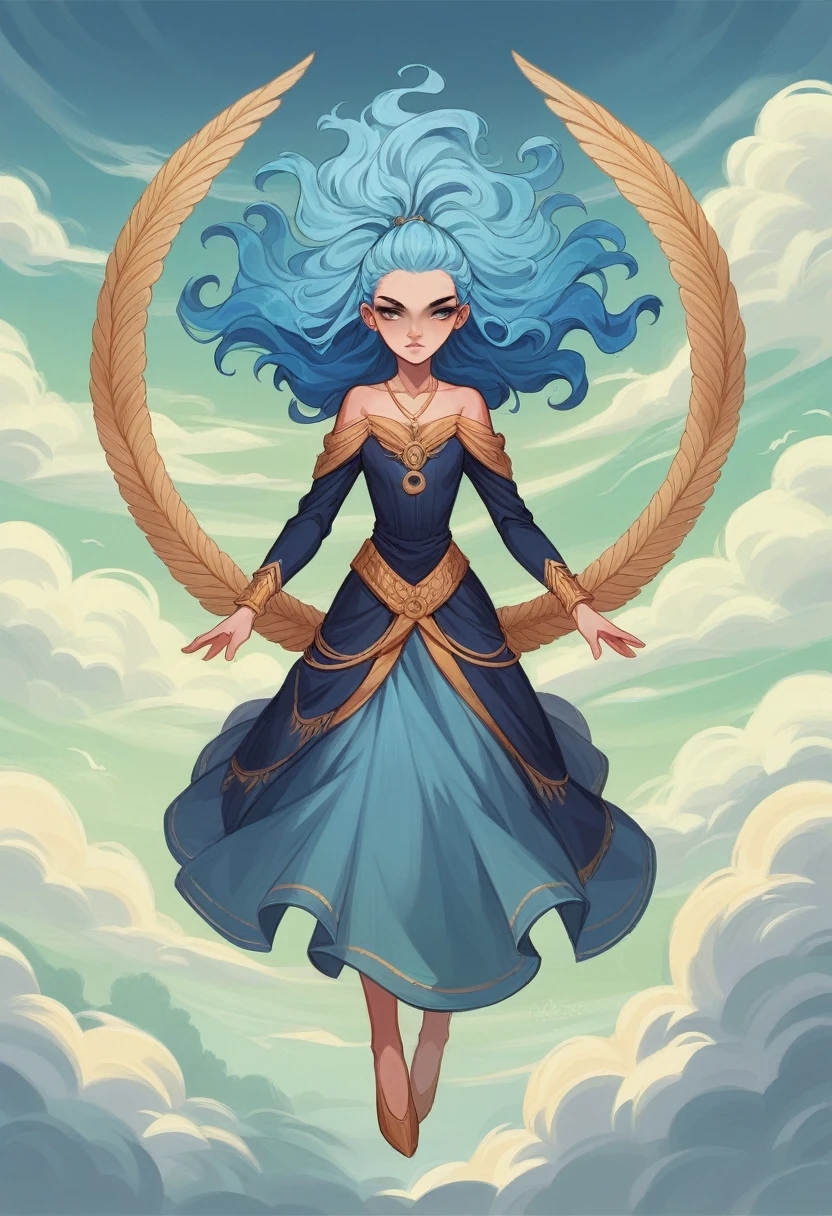 Zephyr Stormwhisper, Wind Witch
Age: 19
Appearance: Slender and ethereal, flowing pale blue hair, gray eyes like storm clouds
Attire: Light and vaporous dress in shades of blue and gray, decorated with feathers and air symbols
Main color: Sky blue, comics  highly detailed, digital painting, artstation, concept art, smooth, sharp focus, illustration, art by artgerm and greg rutkowski and alphonse mucha