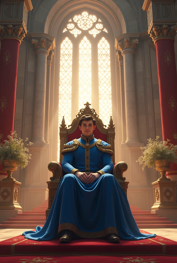 A young King sitting on the throne in the altar hall of a beautiful castle wearing a blue outfit 
